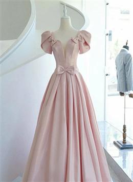 Picture of Pink Satin Long Short Sleeves Formal Dresses Party Dresses, Pink Formal Dresses Wedding Party Dresses